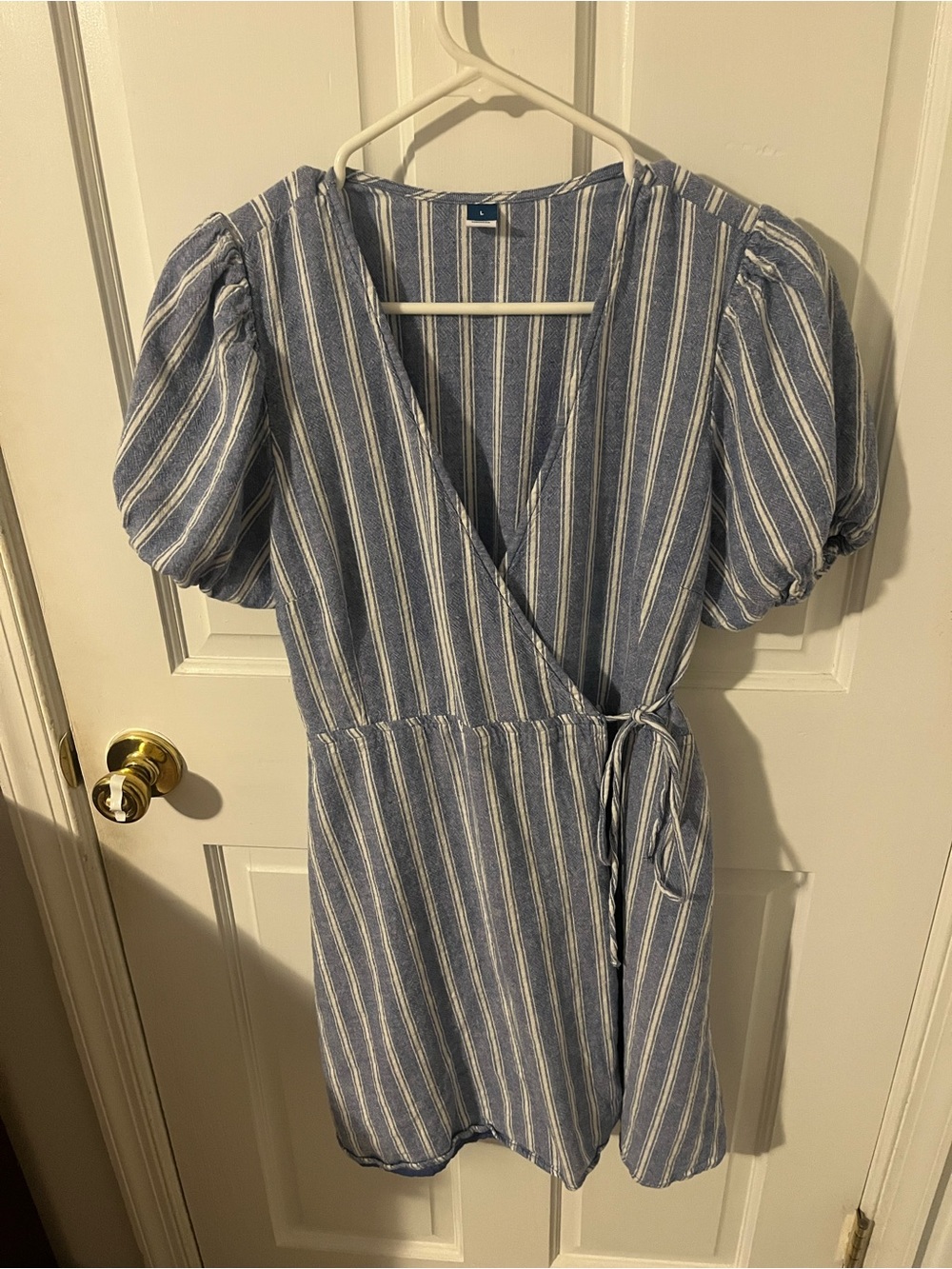 Old Navy Striped Blue Wrap Dress with Puff Sleeves